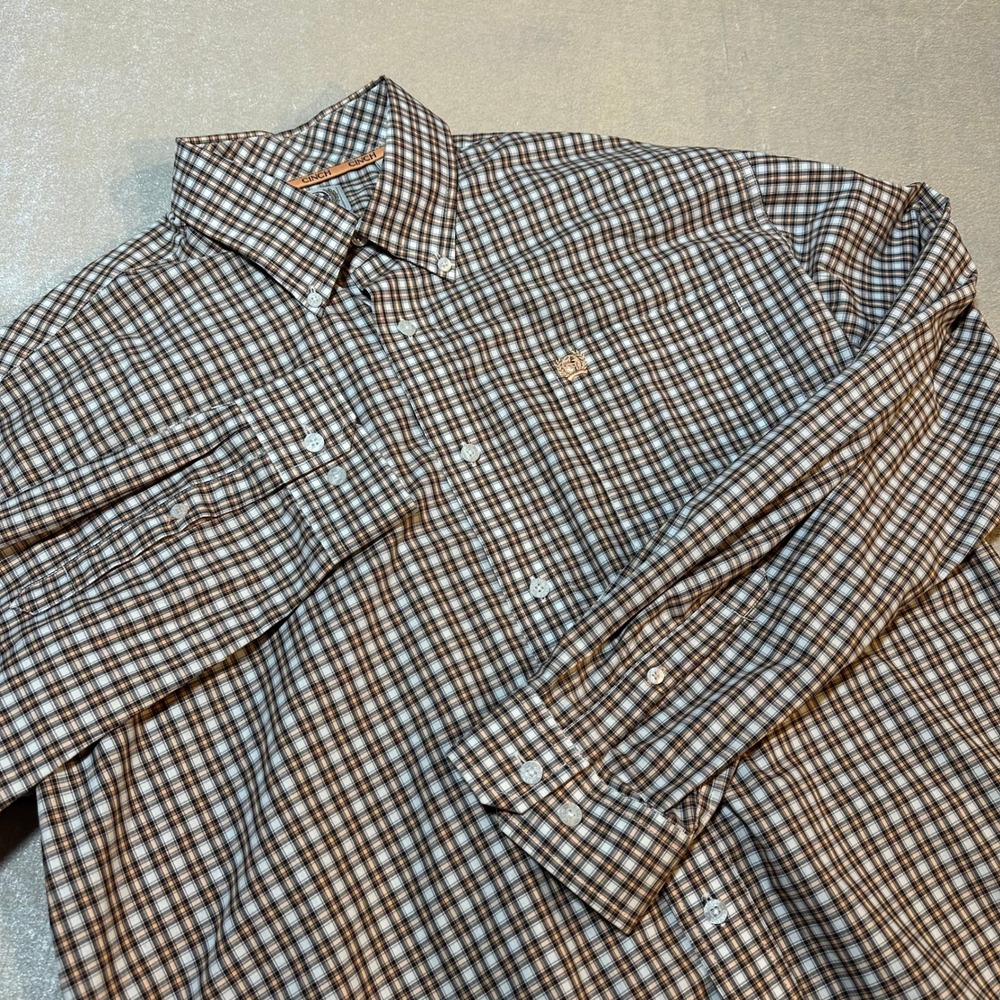 Cinch Men's XL Plaid Button Down Shirt Brown Tan Western Ranch Cowboy Cotton